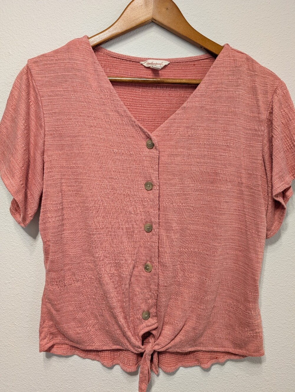 Soft Textured Pink Button-Front Tie Hem Top